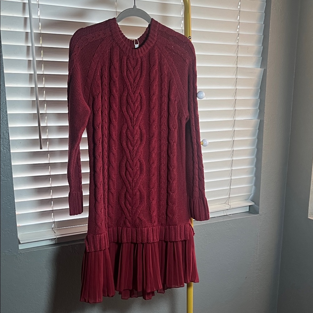 Elegant Maroon Cable Knit Long Sleeve Dress